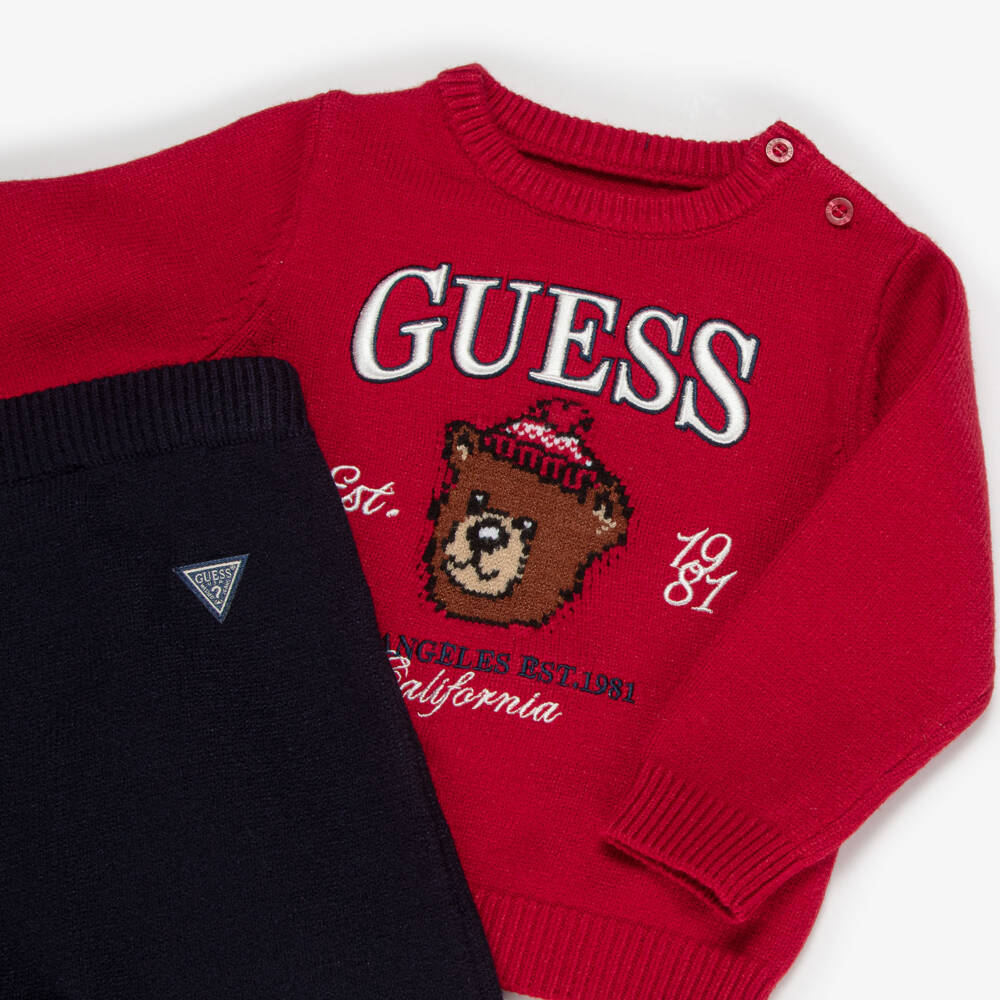 Guess-Baby Boys Red & Navy Blue Teddy Outfit Set | Childrensalon