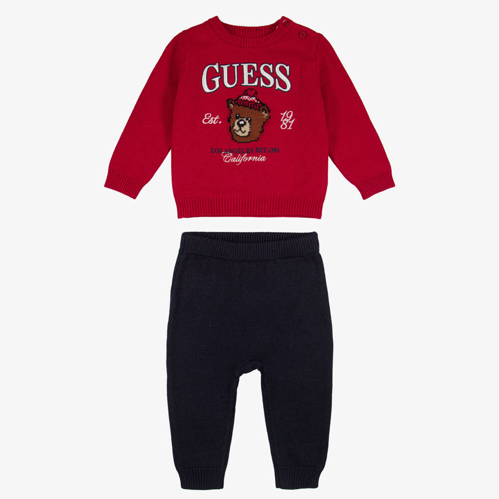 Guess-Baby Boys Red & Navy Blue Teddy Outfit Set | Childrensalon