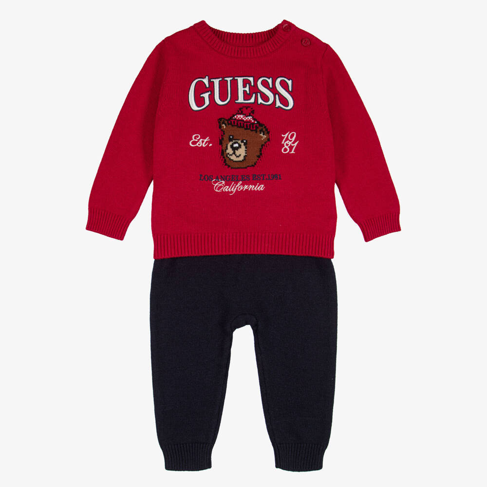Guess-Baby Boys Red & Navy Blue Teddy Outfit Set | Childrensalon