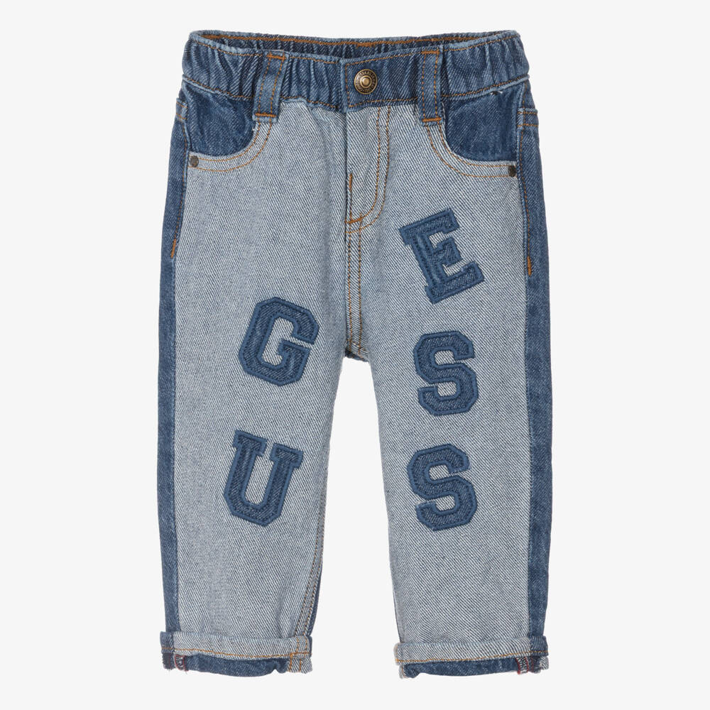 Guess-Baby Boys Two-Tone Blue Denim Jeans with Appliqué Logo | Childrensalon
