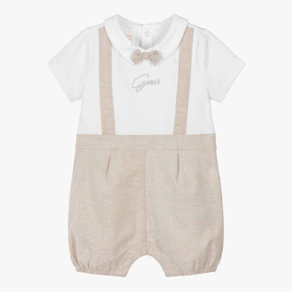 Guess-Baby Boys White & Beige Cotton Shortie with Bow Tie | Childrensalon
