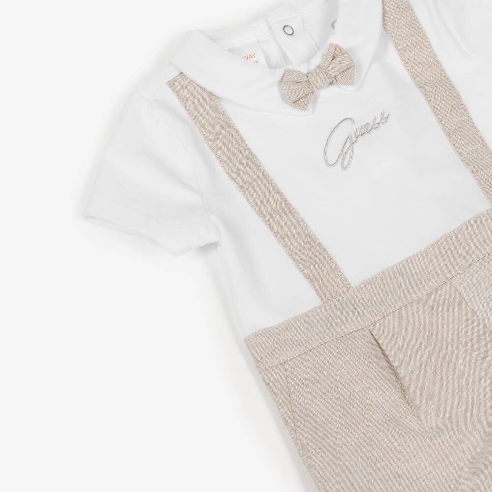 Guess-Baby Boys White & Beige Cotton Shortie with Bow Tie | Childrensalon
