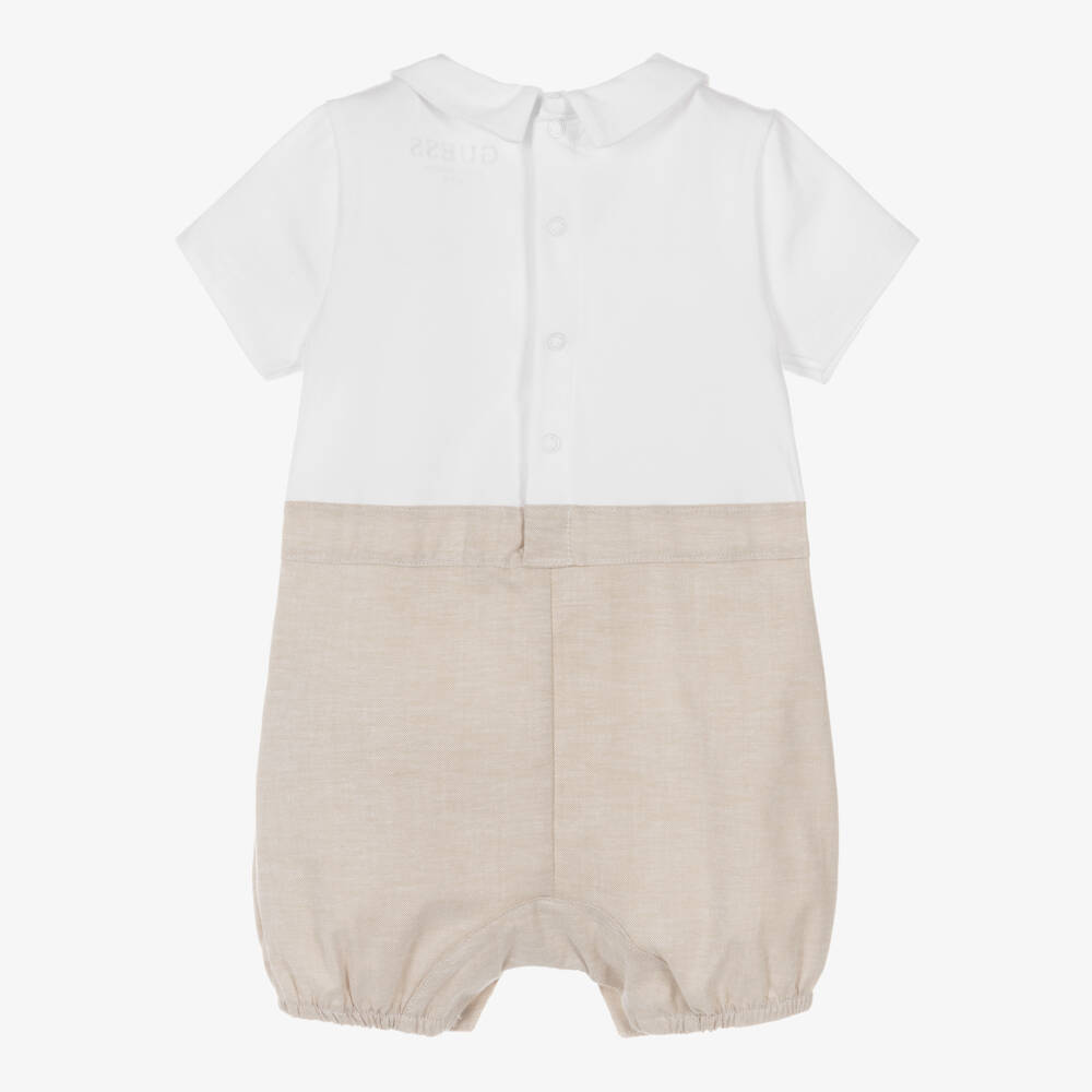 Guess-Baby Boys White & Beige Cotton Shortie with Bow Tie | Childrensalon