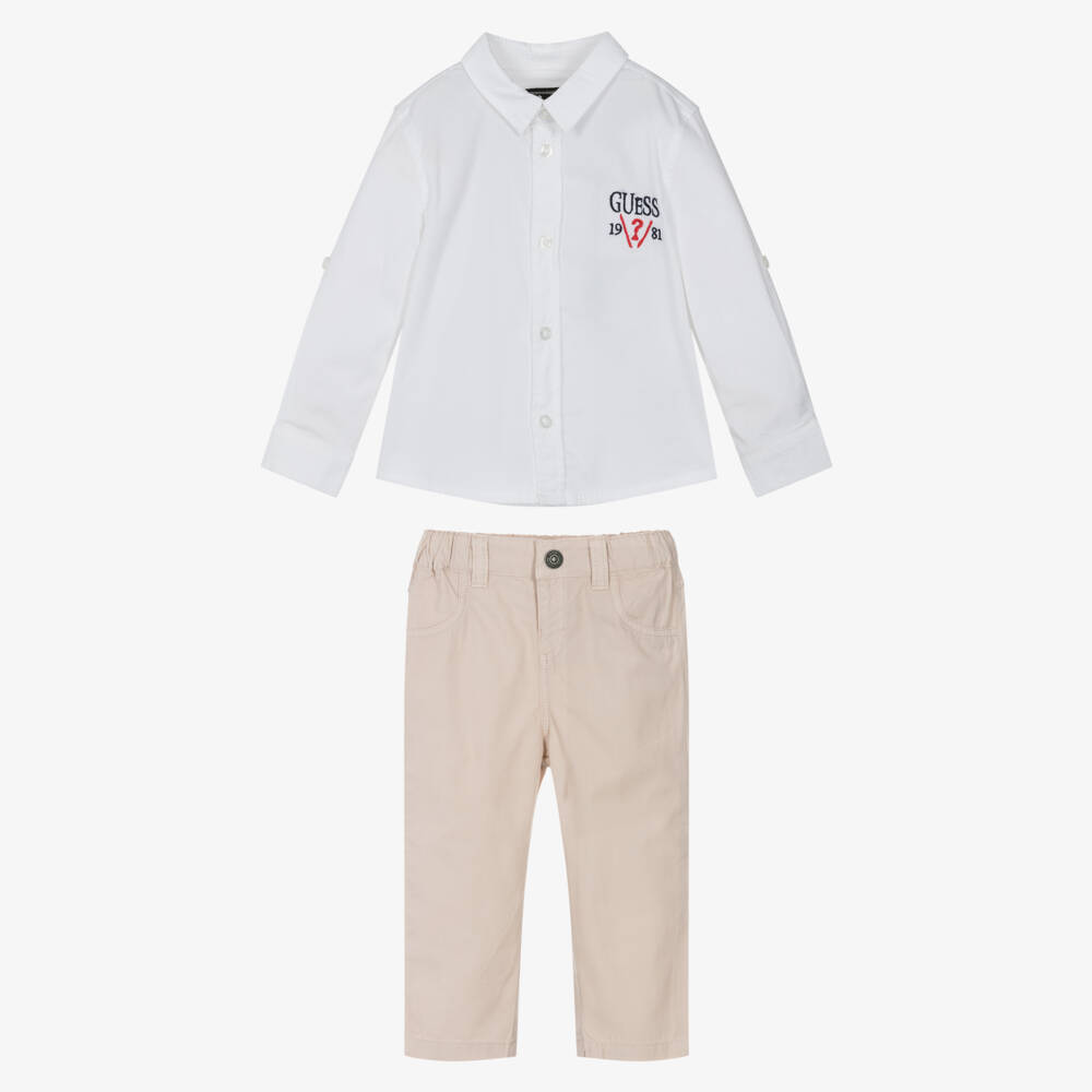 Guess-Baby Boys White & Beige Shirt & Trouser Set | Childrensalon