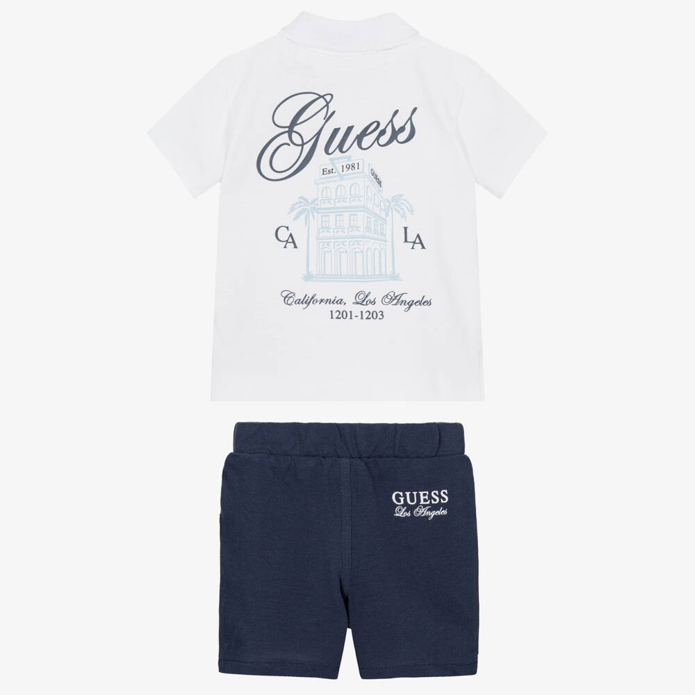 Guess-طقم شورت بولو قطن لون أبيض وكحلي للأولاد الرضع | Childrensalon