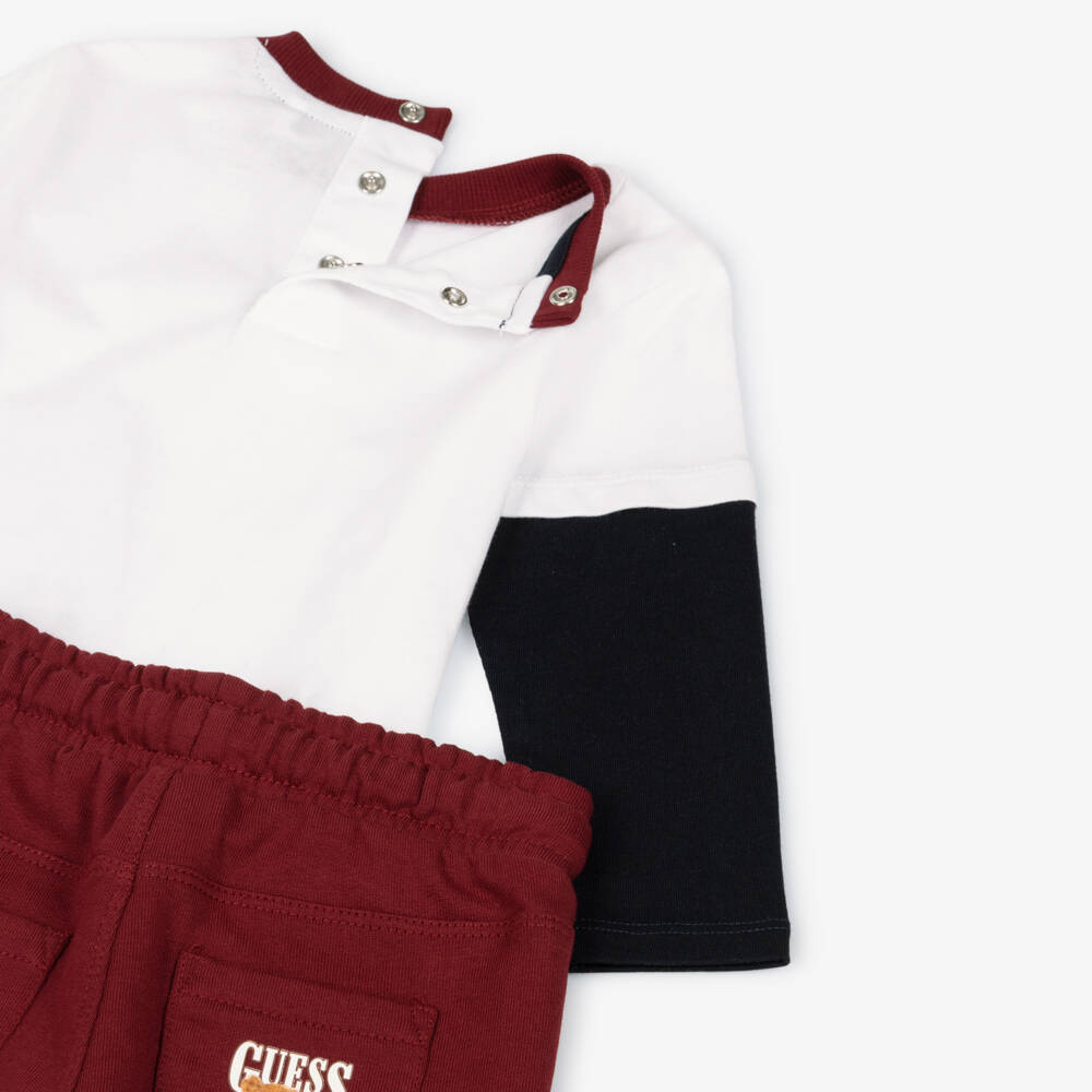 Guess-Baby Boys White & Burgundy Cotton Jogger Set | Childrensalon