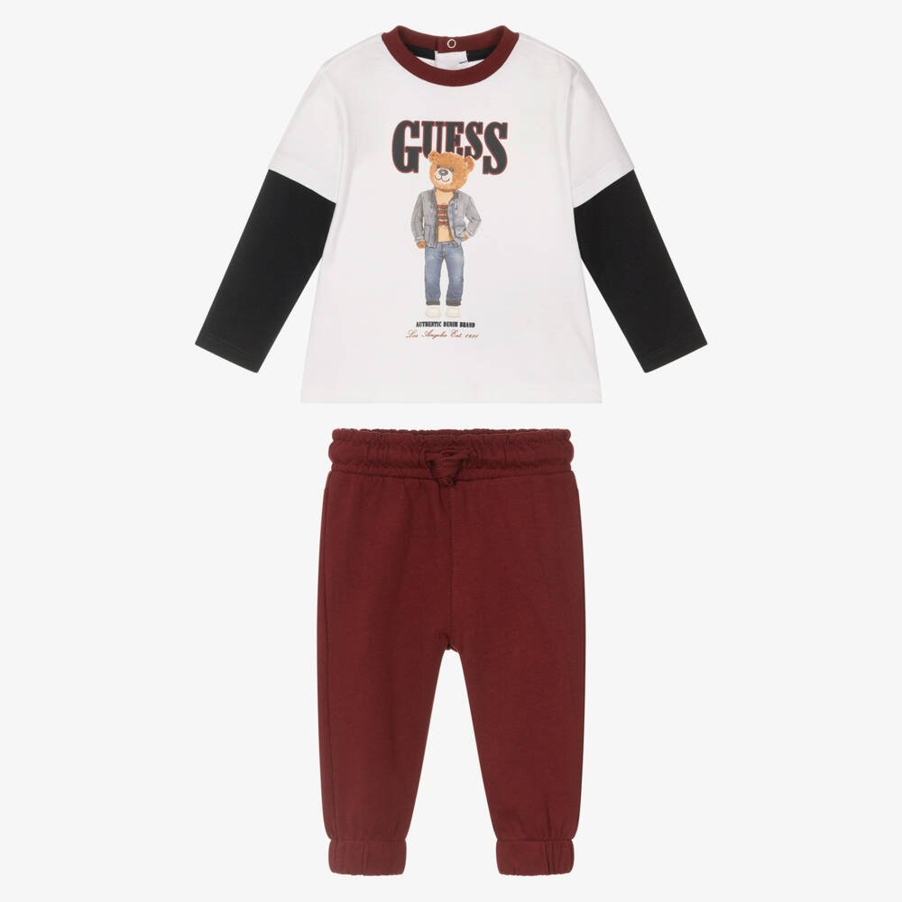 Guess-Baby Boys White & Burgundy Cotton Jogger Set | Childrensalon