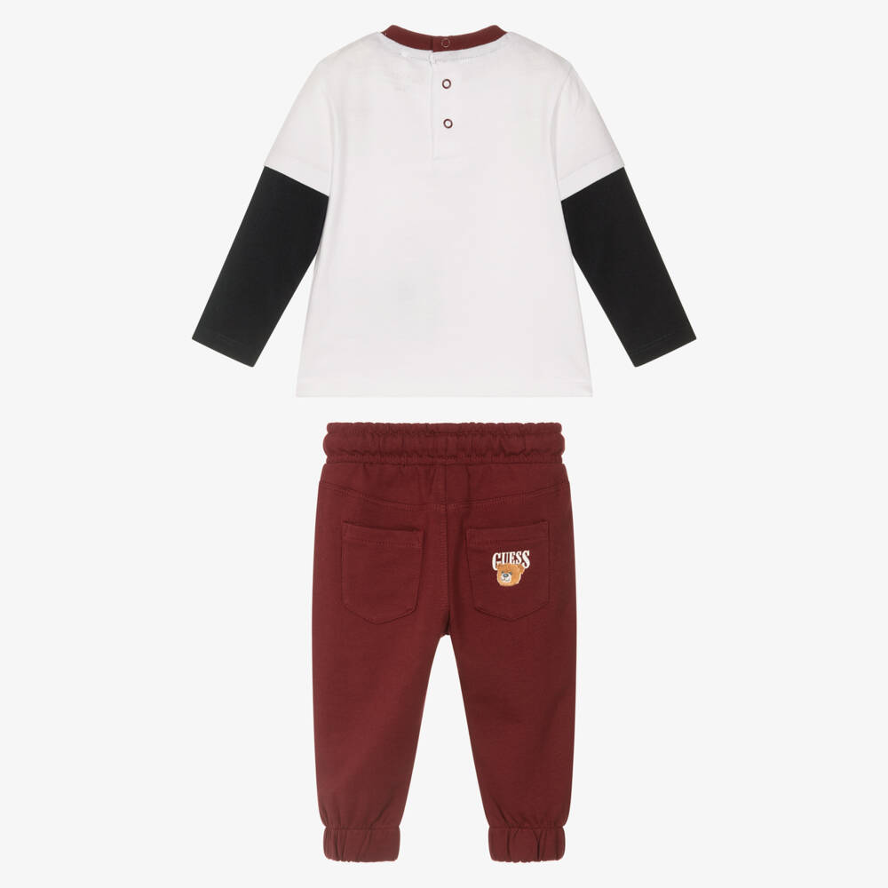 Guess-Baby Boys White & Burgundy Cotton Jogger Set | Childrensalon