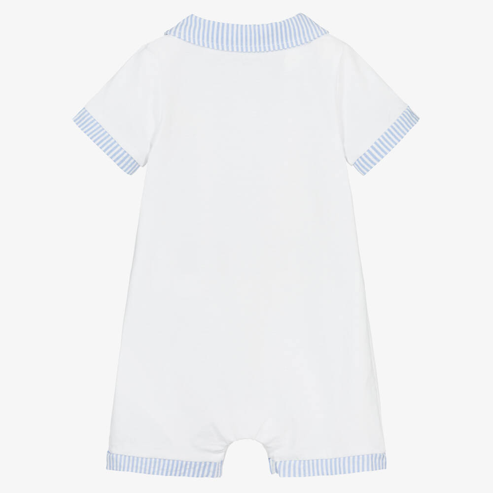 Guess-Baby Boys White Cotton Jersey Shortie with Blue Stripe Trim | Childrensalon