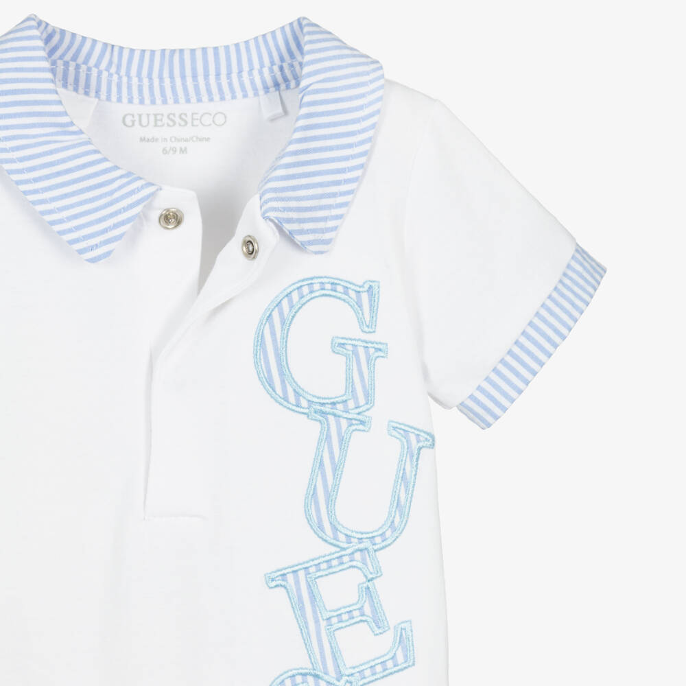 Guess-Baby Boys White Cotton Jersey Shortie with Blue Stripe Trim | Childrensalon