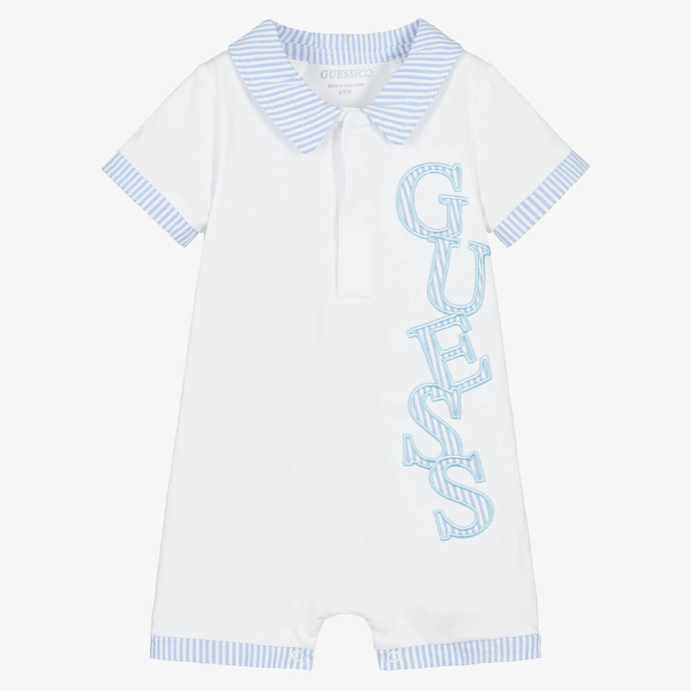 Guess-Baby Boys White Cotton Jersey Shortie with Blue Stripe Trim | Childrensalon