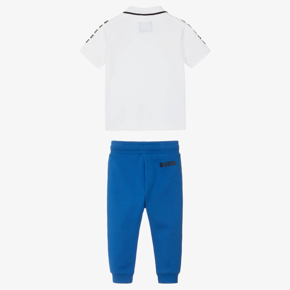 Guess-Baby Boys White Polo Shirt & Blue Cotton Jogger Set | Childrensalon