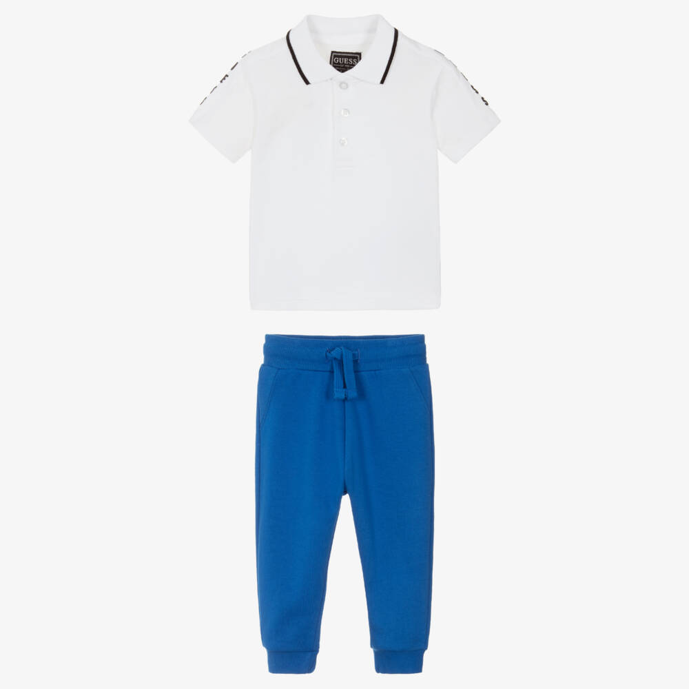 Guess-Baby Boys White Polo Shirt & Blue Cotton Jogger Set | Childrensalon