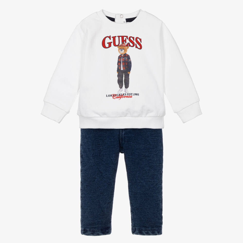 Guess-Baby Boys White Teddy Print Trousers Set | Childrensalon