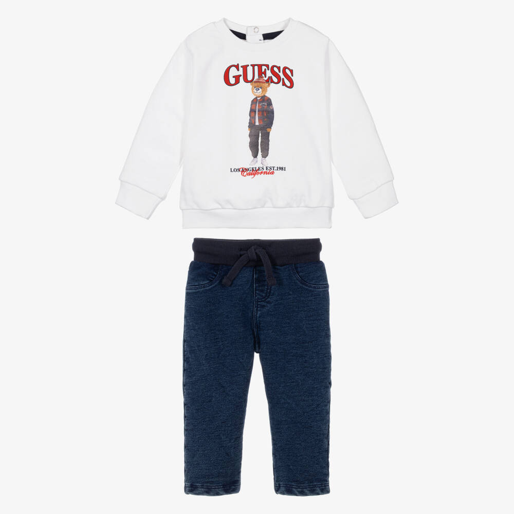 Guess-Baby Boys White Teddy Print Trousers Set | Childrensalon