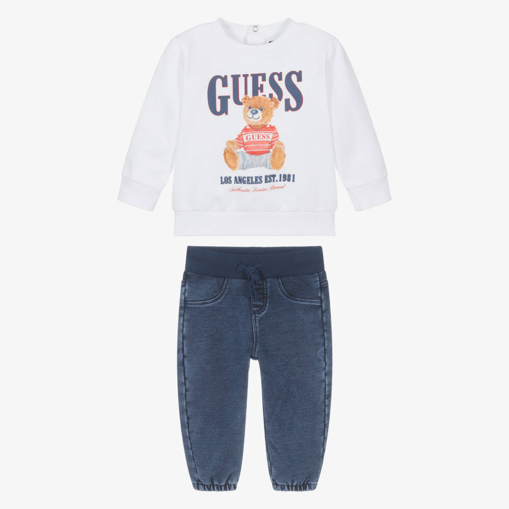 Guess-Baby Boys White Teddy Sweatshirt & Blue Jeans Set | Childrensalon