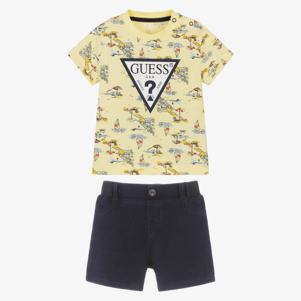 Guess-Baby Boys Yellow & Blue Cotton Beach Themed Shorts Set | Childrensalon