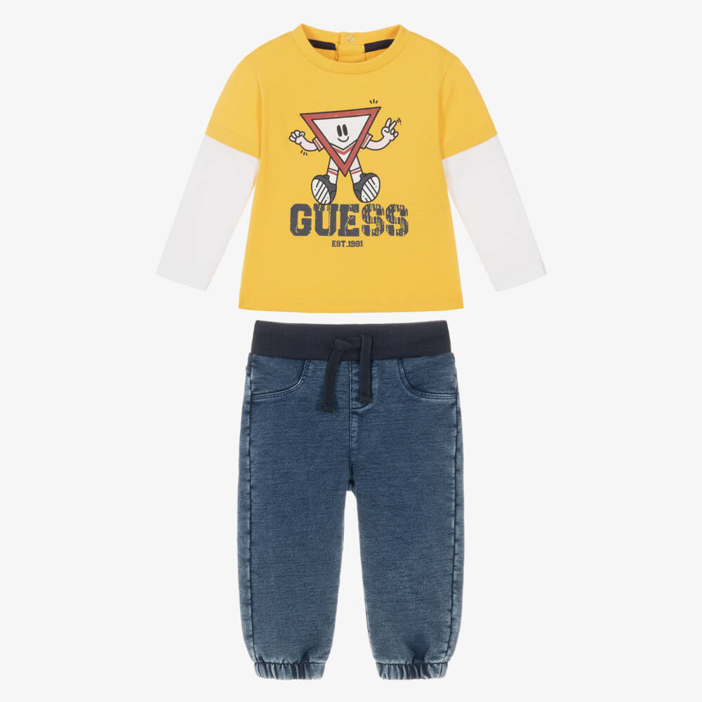 Guess-Baby Boys Yellow & Blue Jersey Denim Trouser Set | Childrensalon