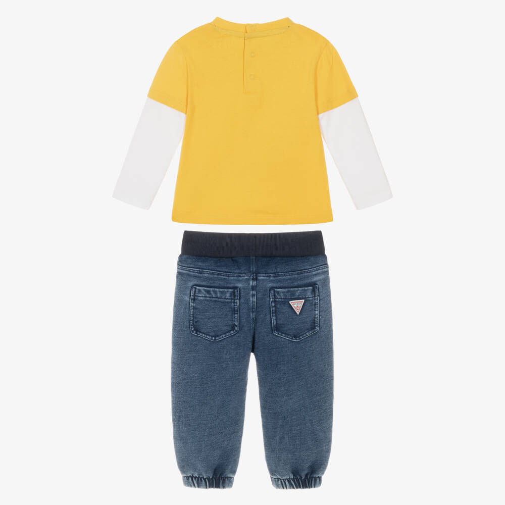 Guess-Baby Boys Yellow & Blue Jersey Denim Trouser Set | Childrensalon