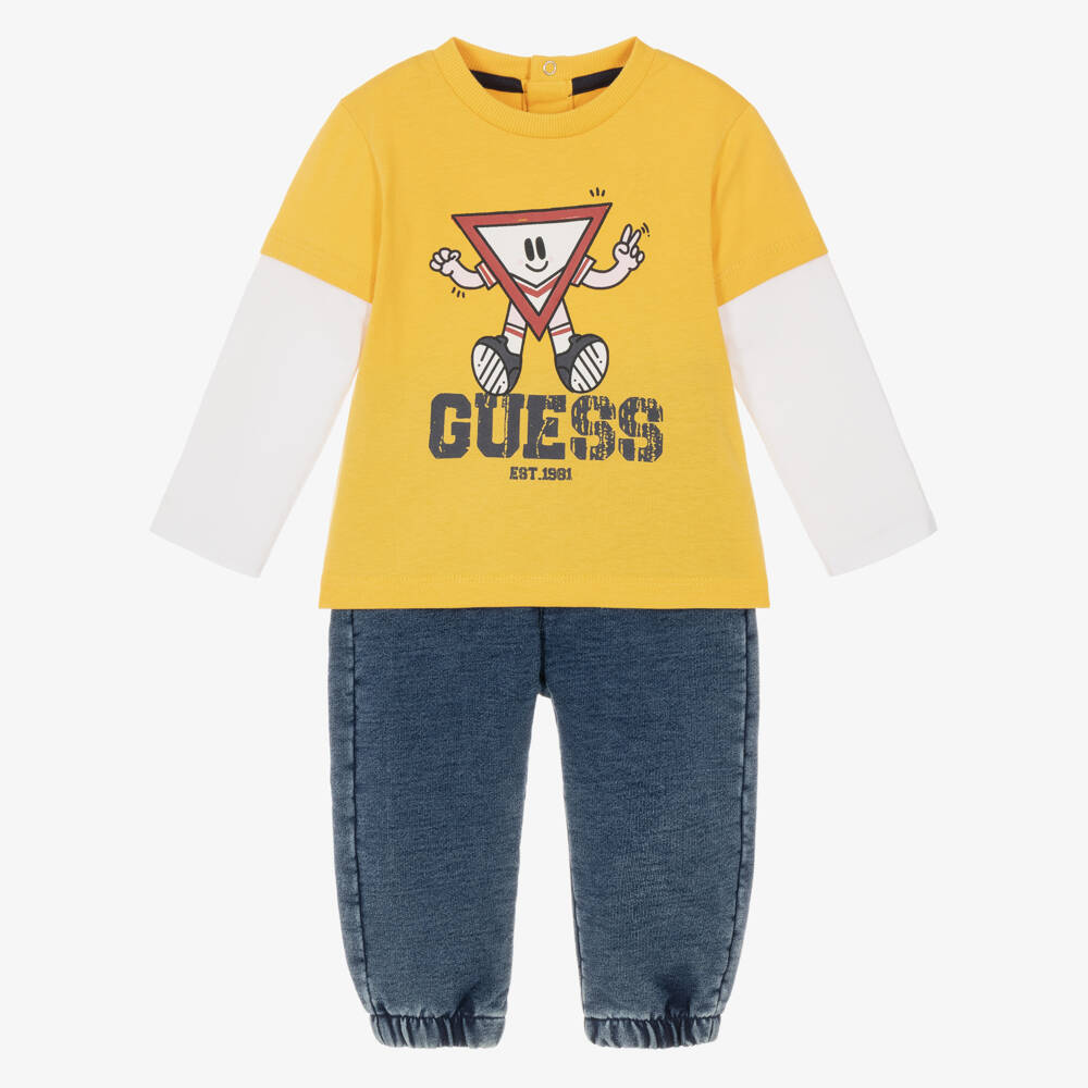 Guess-Baby Boys Yellow & Blue Jersey Denim Trouser Set | Childrensalon