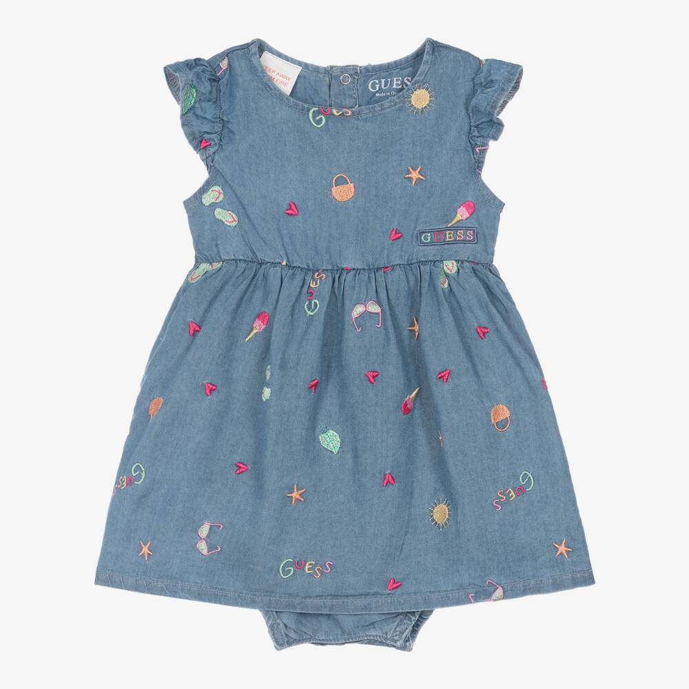 Guess-Baby Girls Blue Embroidered Chambray Dress | Childrensalon
