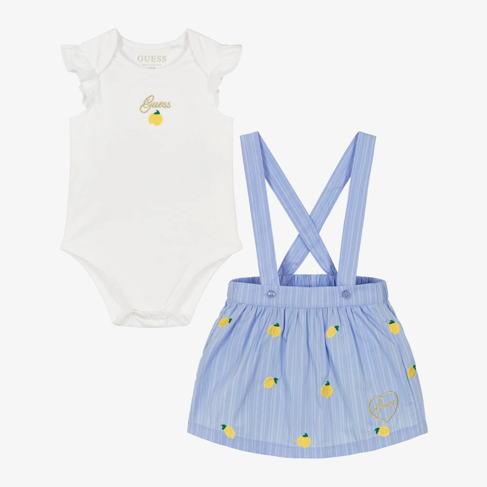 Guess-Baby Girls Blue Stripe Skirt Set with Embroidered Lemons | Childrensalon
