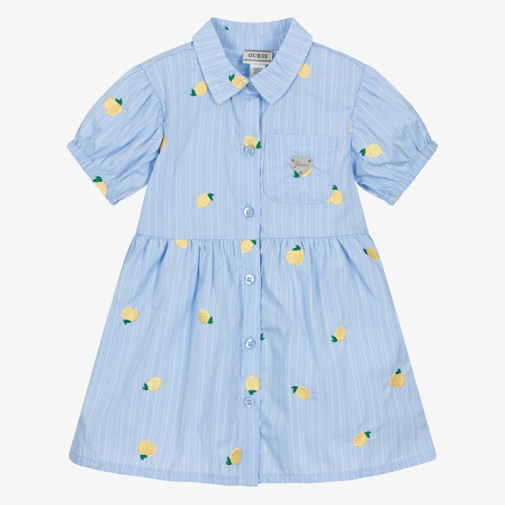 Guess-Baby Girls Blue Striped Shirt Dress with Embroidered Lemons | Childrensalon