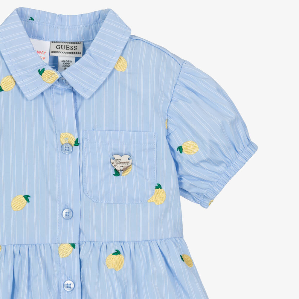 Guess-Baby Girls Blue Striped Shirt Dress with Embroidered Lemons | Childrensalon