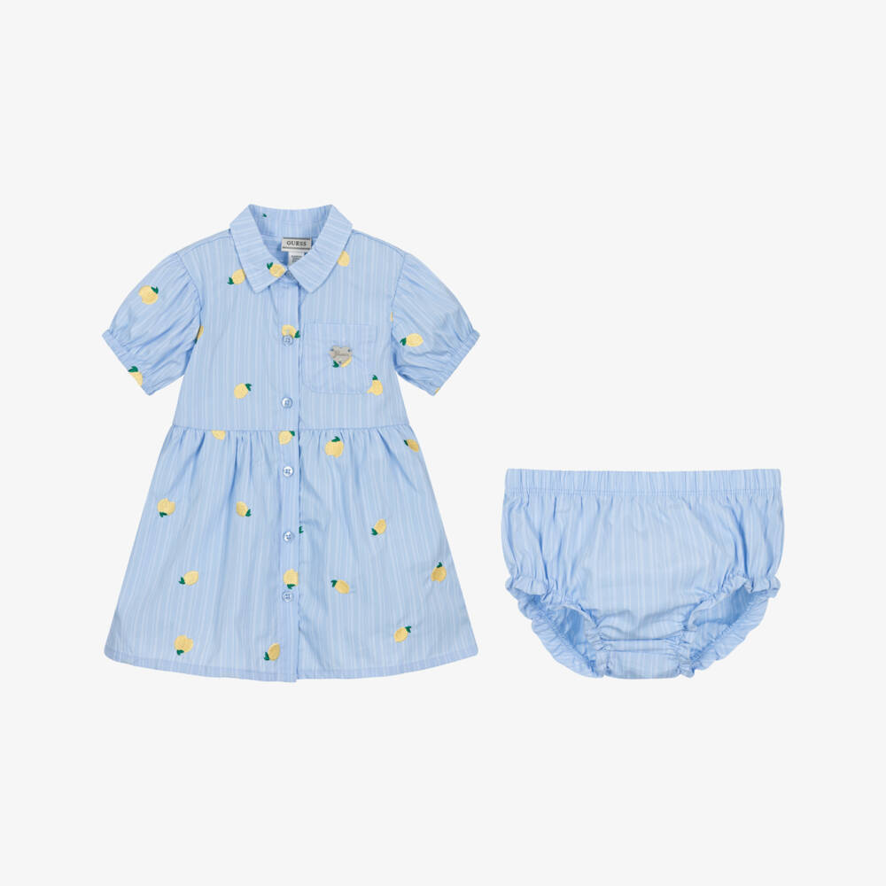 Guess-Baby Girls Blue Striped Shirt Dress with Embroidered Lemons | Childrensalon