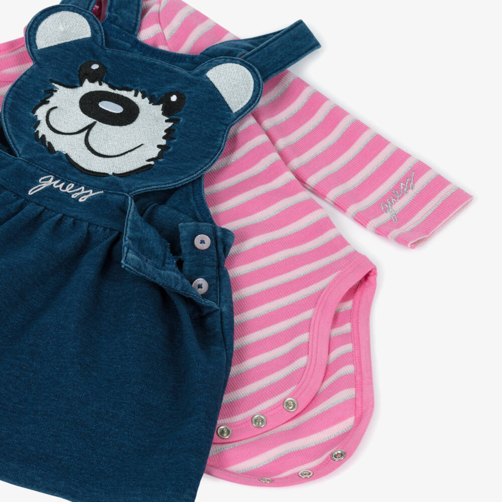 Guess-Baby Girls Blue Teddy Bear Pinafore Dress Set | Childrensalon