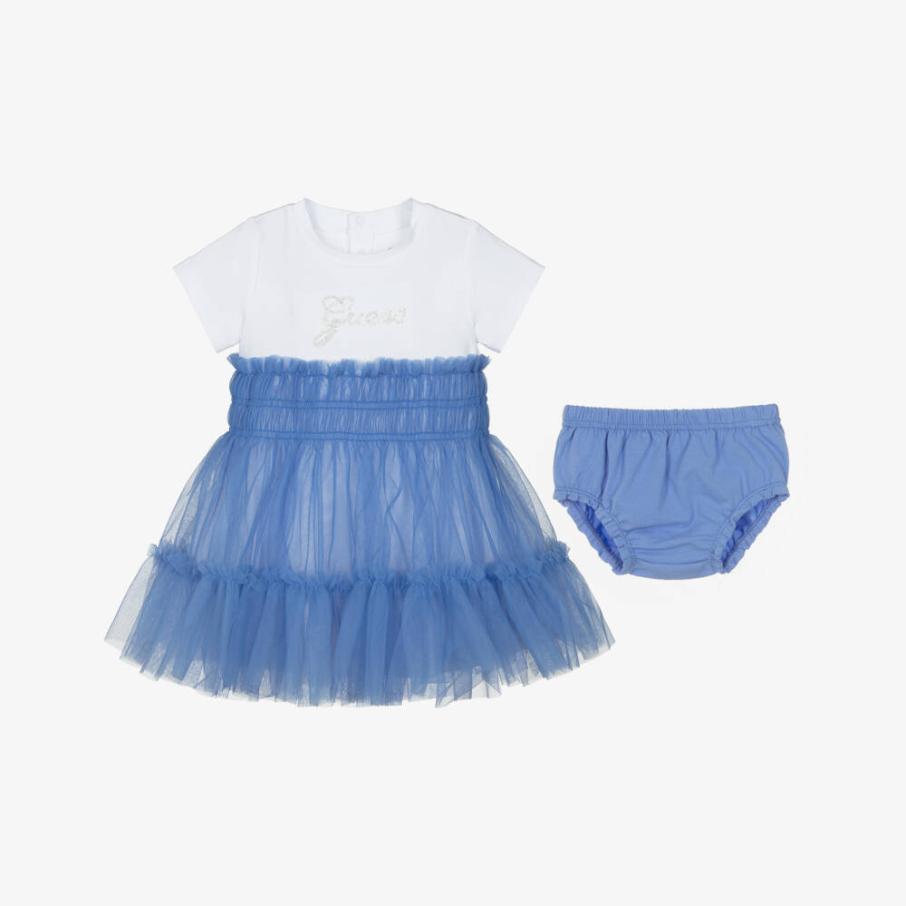 Guess-Платье голубое из тюля и трикотажа с блестящим логотипом для малышек  | Childrensalon