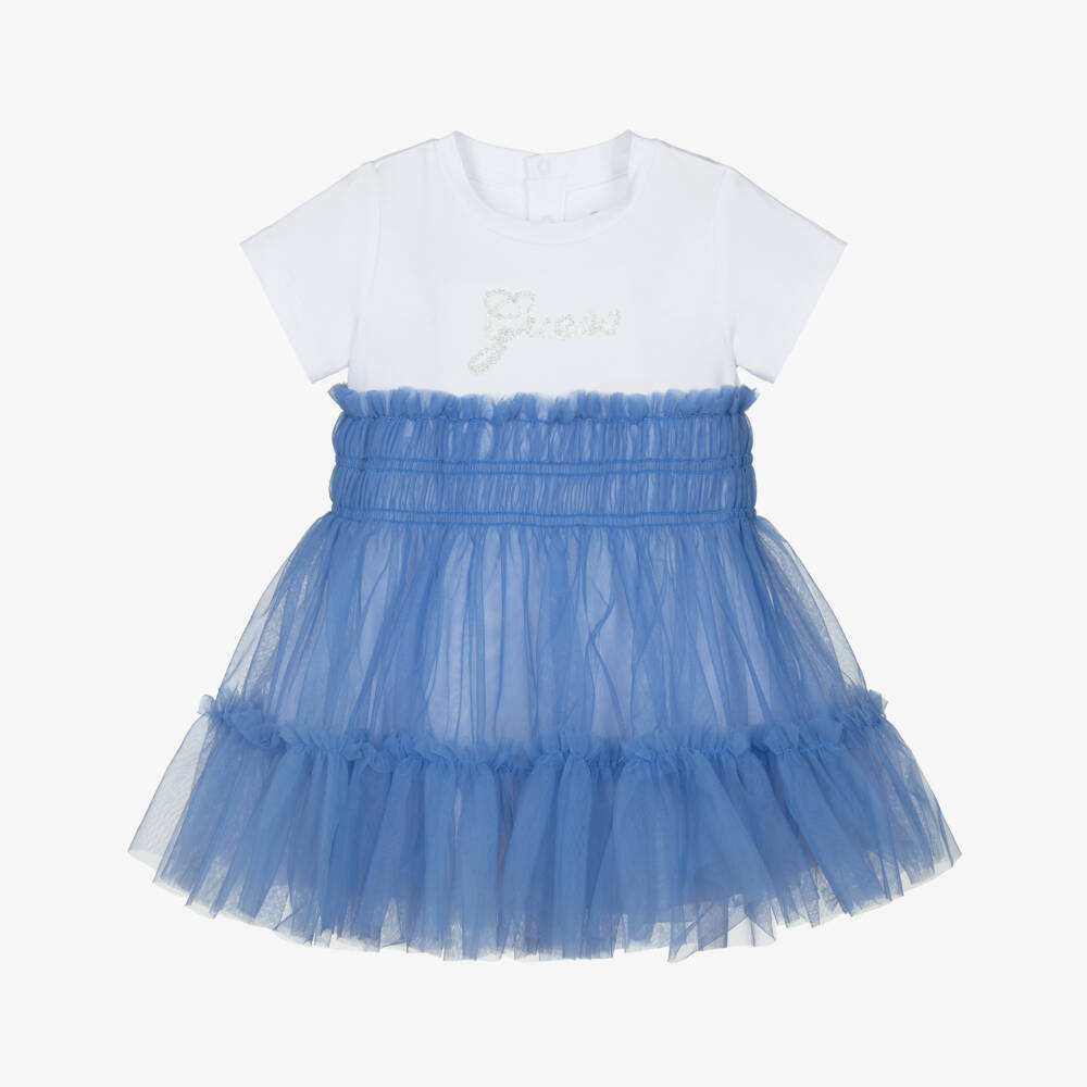 Guess-Baby Girls Blue Tulle & Jersey Dress with Glittery Logo | Childrensalon