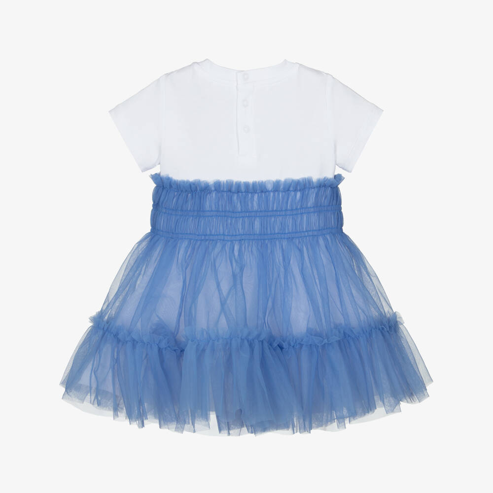 Guess-Платье голубое из тюля и трикотажа с блестящим логотипом для малышек  | Childrensalon