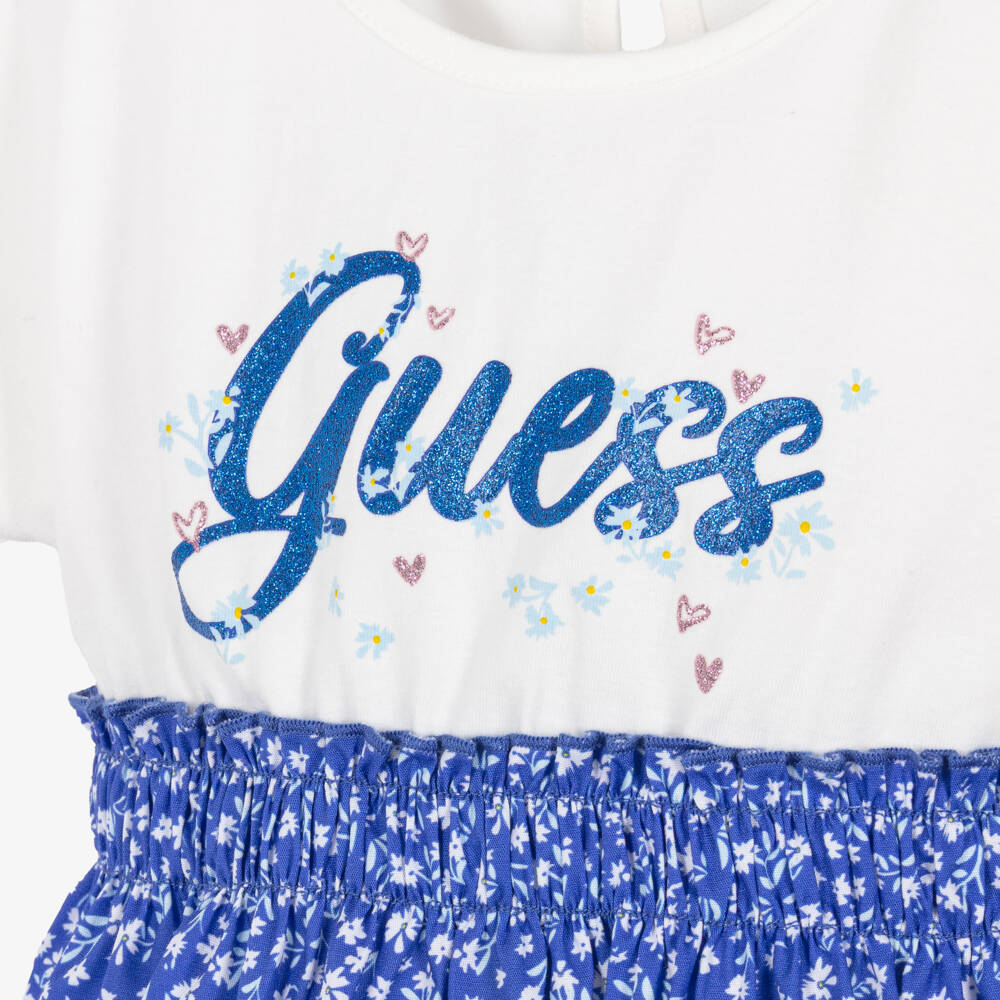 Guess-Baby Girls Blue & White Jersey & Floral Poplin Dress | Childrensalon