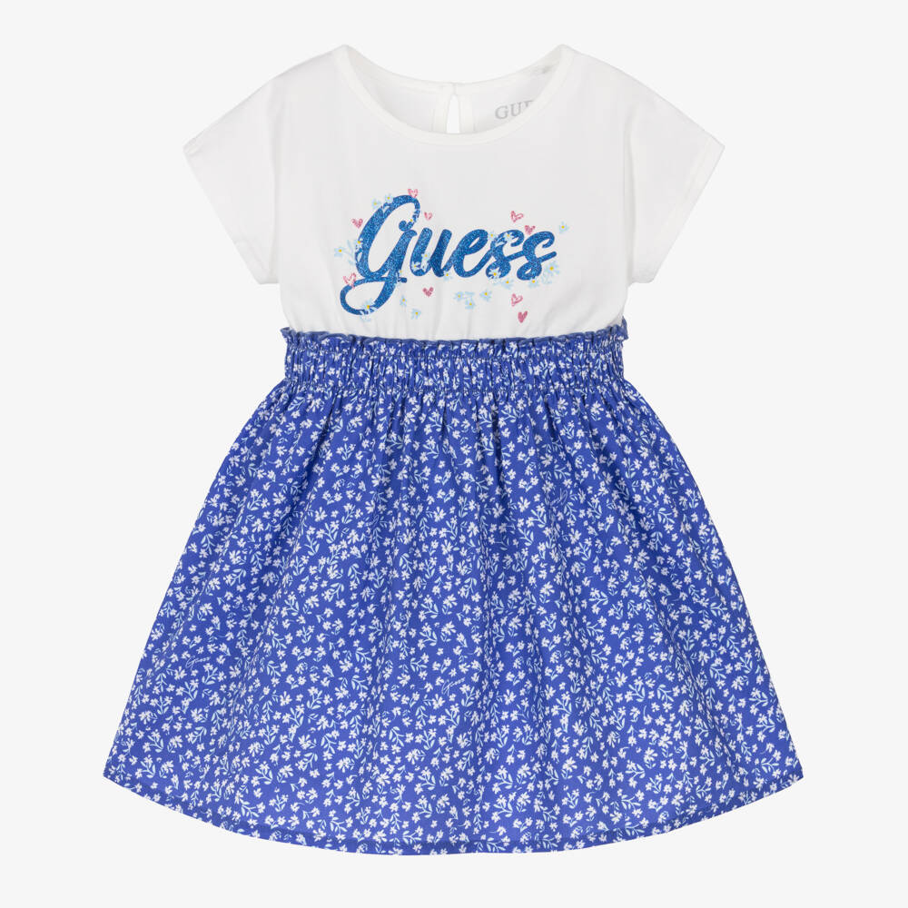 Guess-Baby Girls Blue & White Jersey & Floral Poplin Dress | Childrensalon