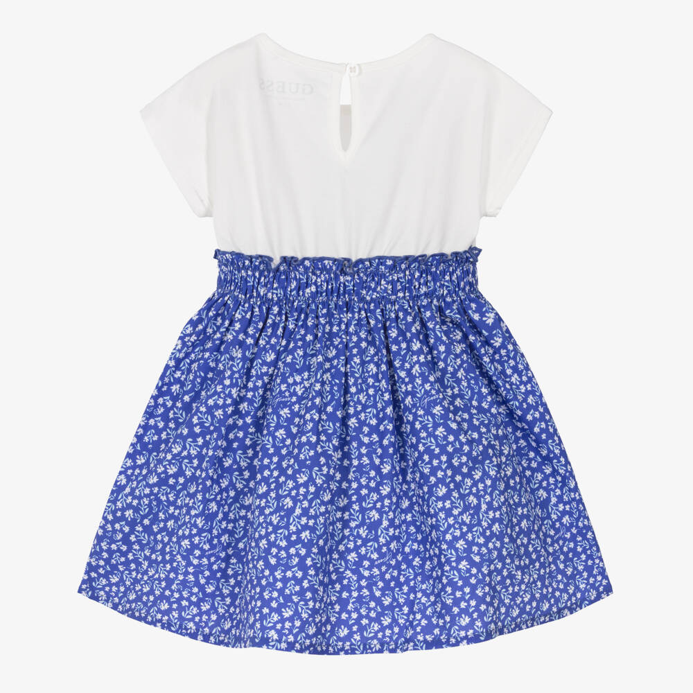 Guess-Baby Girls Blue & White Jersey & Floral Poplin Dress | Childrensalon