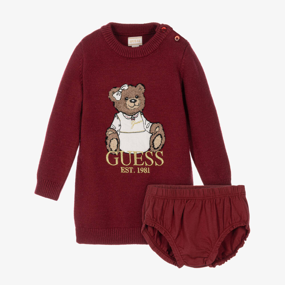 Guess-Baby Girls Burgundy Knitted Bear Dress | Childrensalon