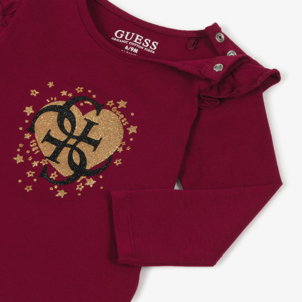 Guess-Baby Girls Burgundy Red Cotton Monogram Top  | Childrensalon