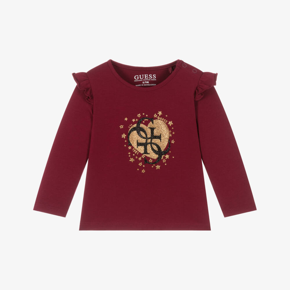 Guess-Baby Girls Burgundy Red Cotton Monogram Top  | Childrensalon