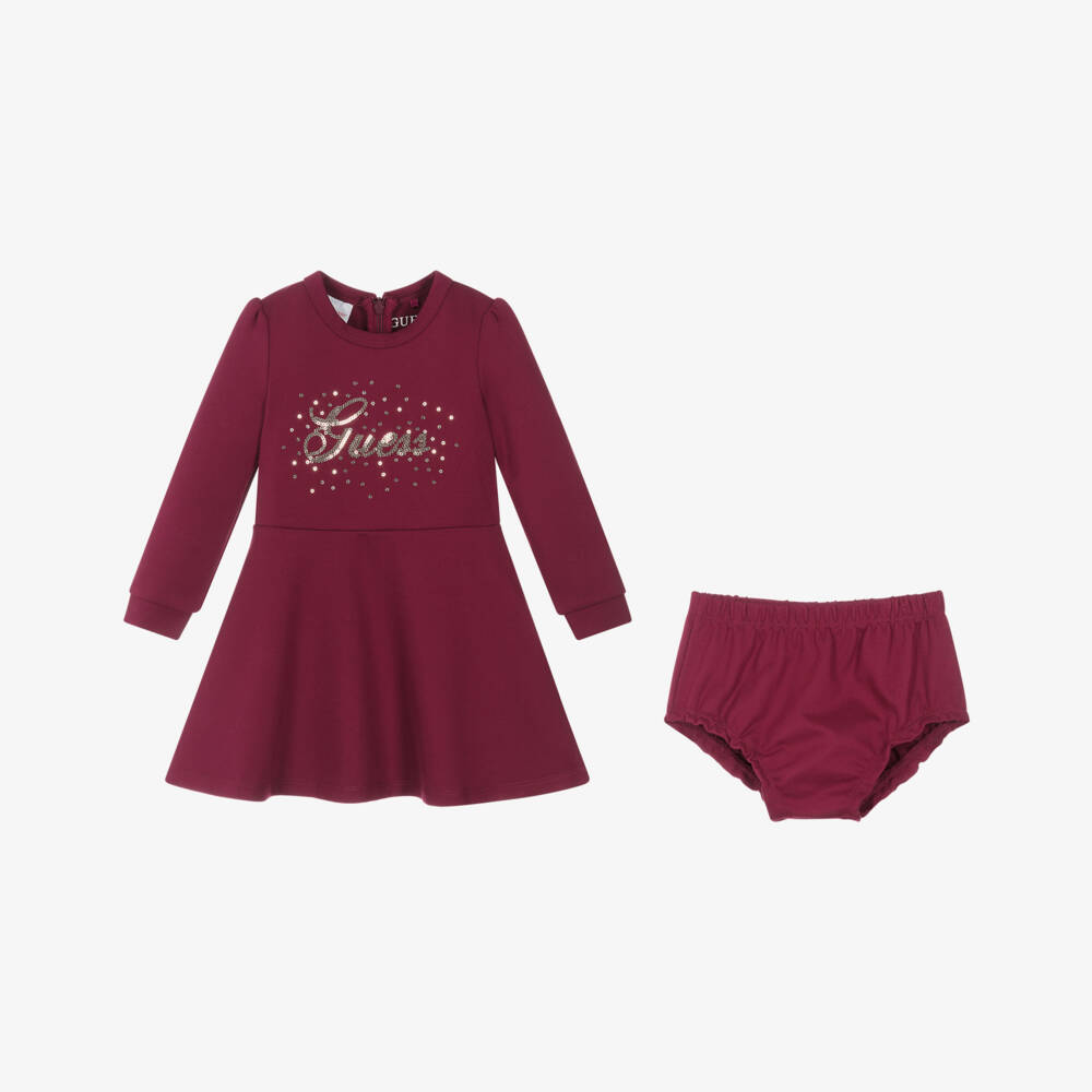 Guess-Baby Girls Burgundy Red Jersey Dress with Gold Sequin Logo | Childrensalon