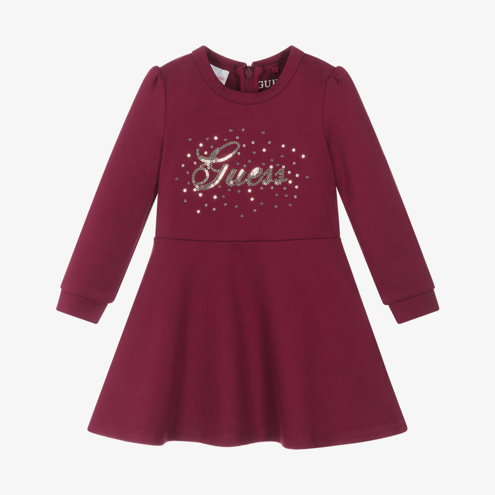Guess-Baby Girls Burgundy Red Jersey Dress with Gold Sequin Logo | Childrensalon