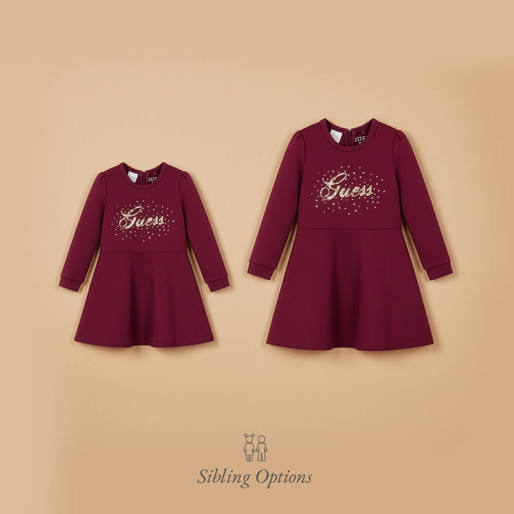 Guess-Baby Girls Burgundy Red Jersey Dress with Gold Sequin Logo | Childrensalon