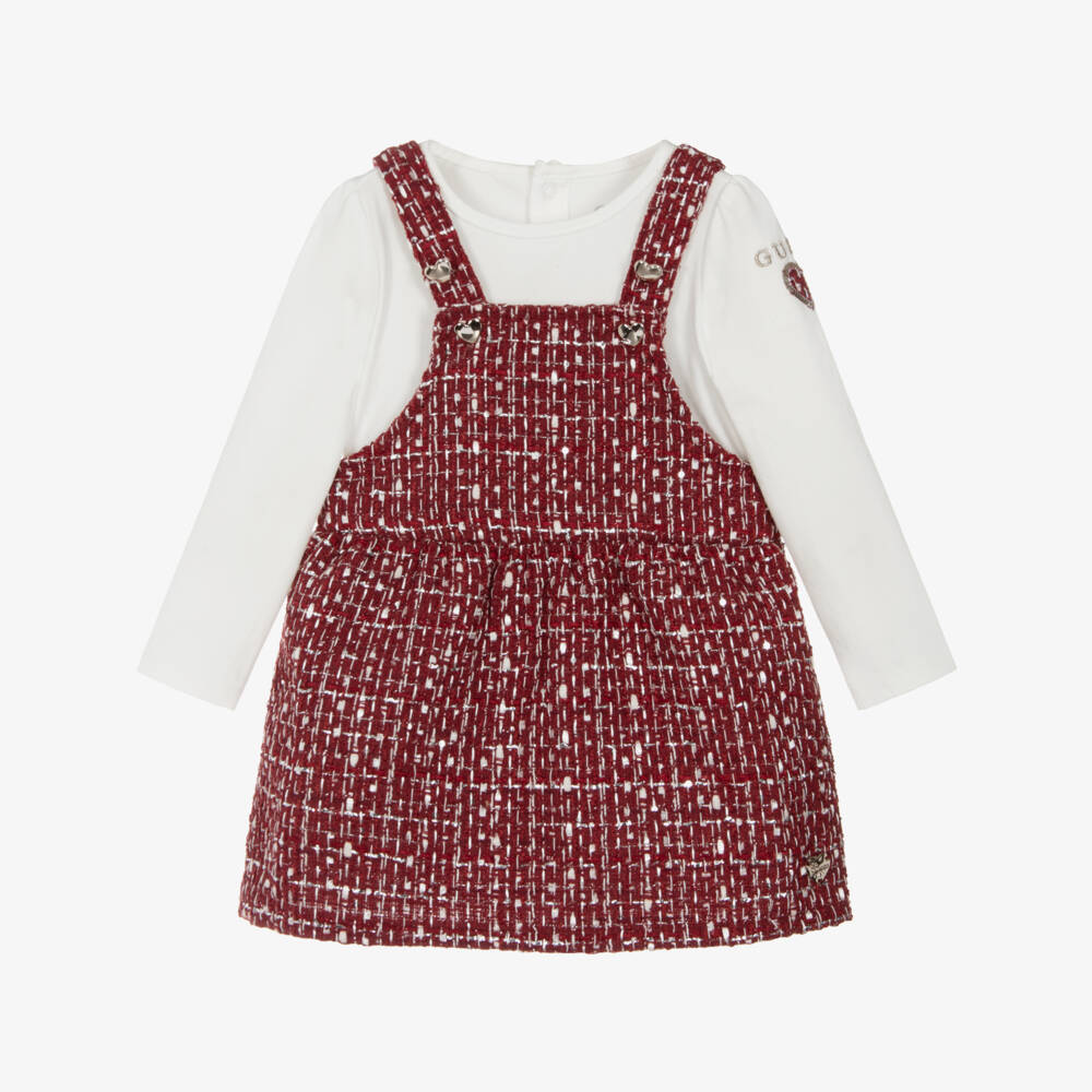 Guess-Baby Girls Burgundy Tweed Pinafore Dress Set | Childrensalon