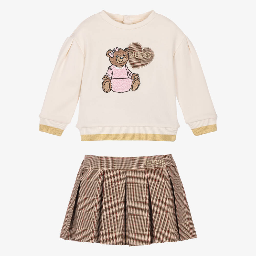 Guess-Baby Girls Ivory & Brown Plaid Skirt Set | Childrensalon