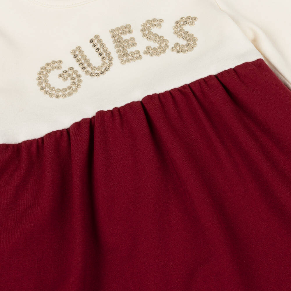 Guess-Baby Girls Ivory & Burgundy Red Jersey Dress with Gold Logo | Childrensalon