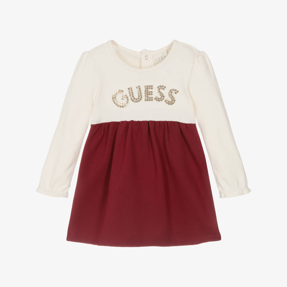 Guess-Baby Girls Ivory & Burgundy Red Jersey Dress with Gold Logo | Childrensalon