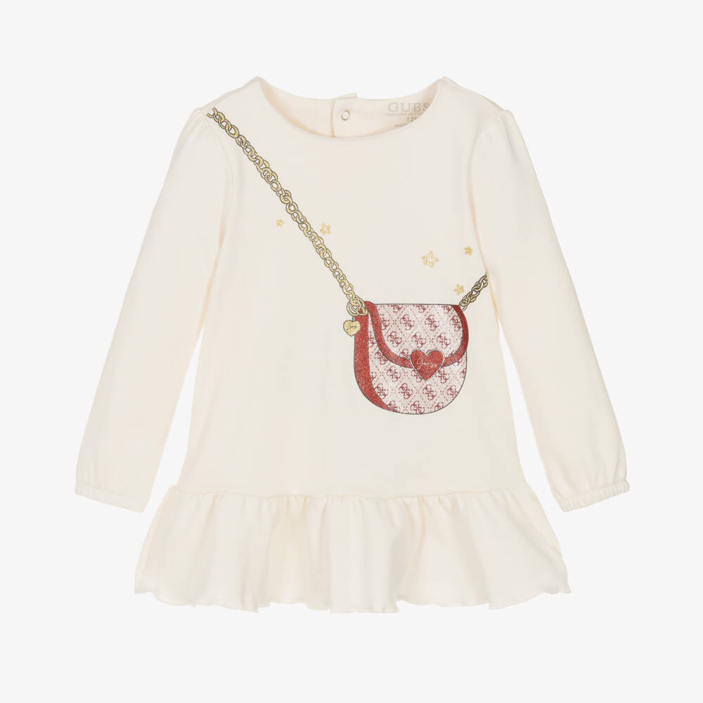 Guess-Baby Girls Ivory Cotton Dress with Sparkly Bag Print | Childrensalon
