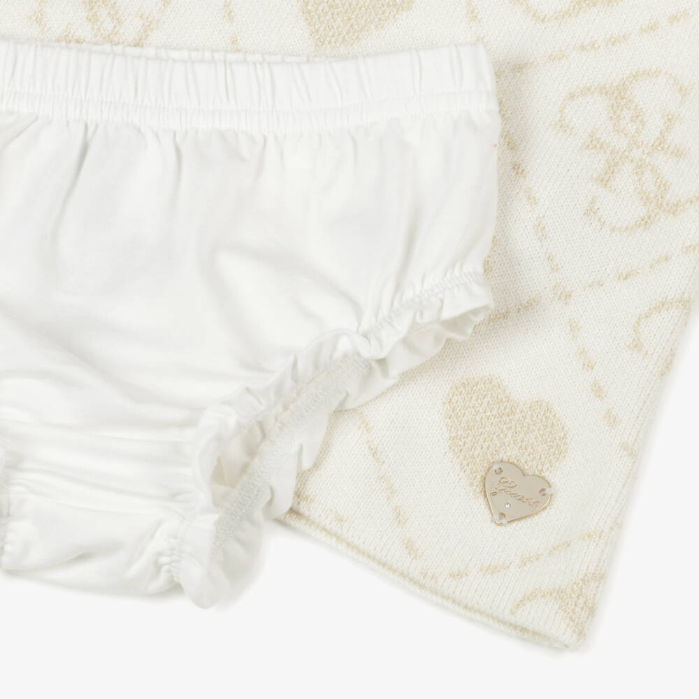 Guess-Baby Girls Ivory & Gold 4g Logo Knitted Dress | Childrensalon