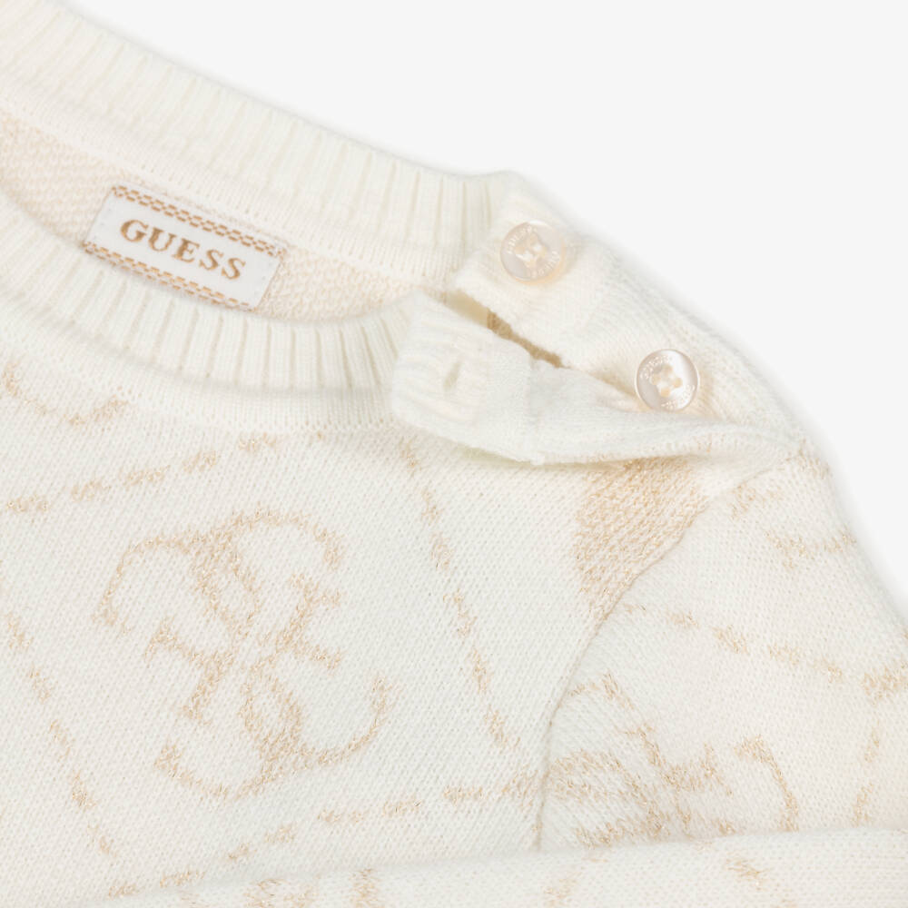 Guess-Baby Girls Ivory & Gold 4g Logo Knitted Dress | Childrensalon