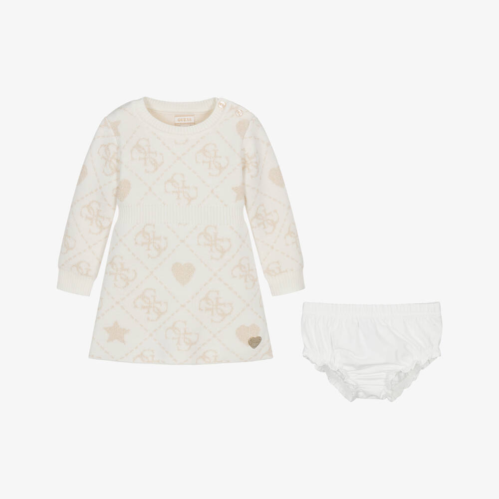 Guess-Baby Girls Ivory & Gold 4g Logo Knitted Dress | Childrensalon